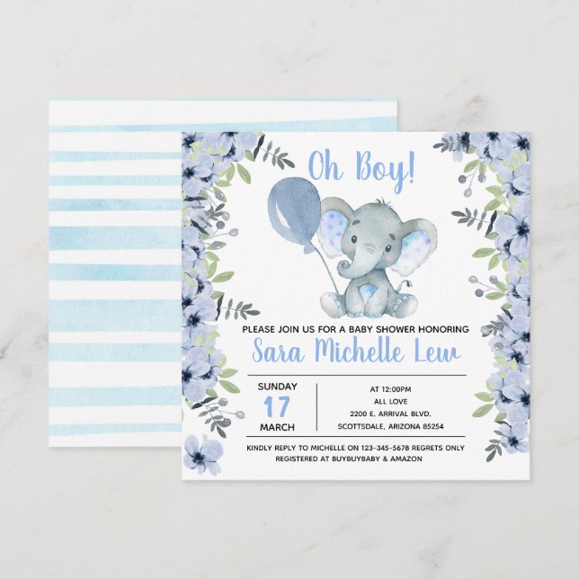 Invitación de Baby Shower para Elephant Watercolor (Anverso / Reverso)