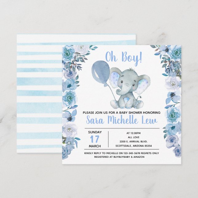 Invitación de Baby Shower para Elephant Watercolor (Anverso / Reverso)