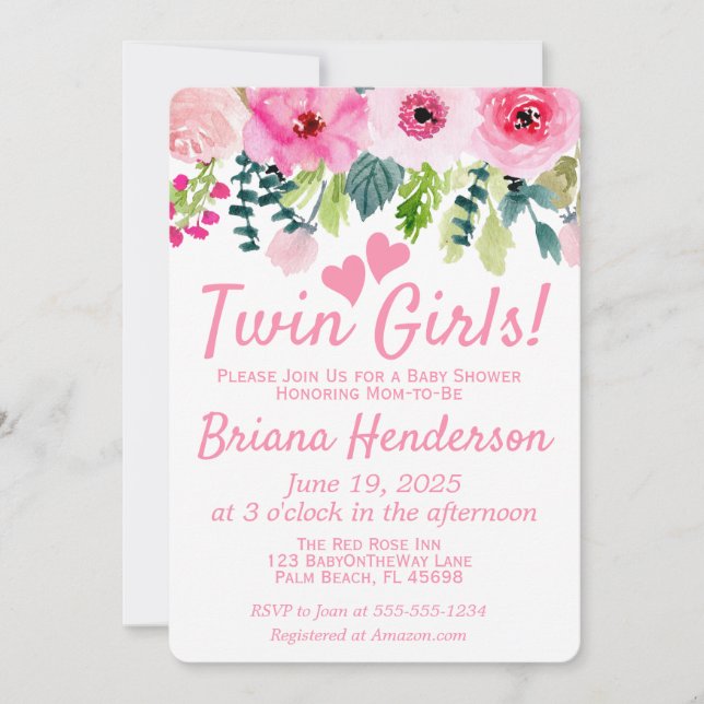 Invitación de Baby Shower para Gemelas con Flores  (Anverso)
