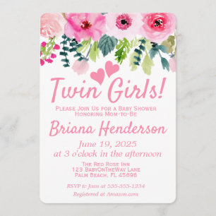 Invitación de Baby Shower para Gemelas con Flores 