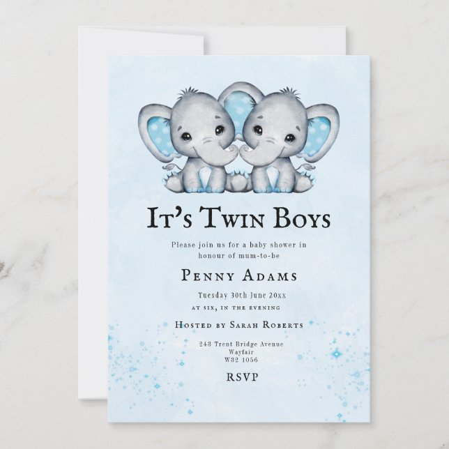 Invitación de Baby Shower para Gemelos Elefantes A (Anverso)