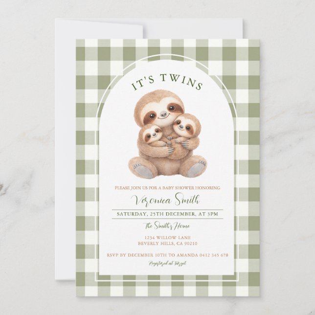 Invitación de Baby Shower para Gemelos Sloth con G (Anverso)