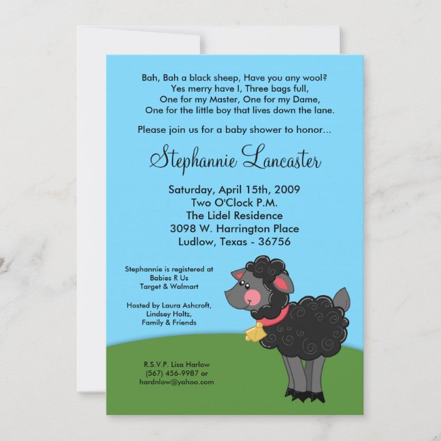 Invitación de Baby Shower para guardería de oveja  (Anverso)