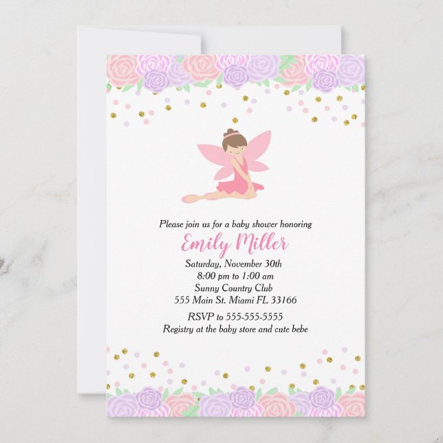 Invitación de Baby Shower para hadas Gold Pink (Anverso)