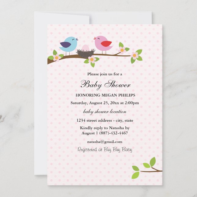 Invitación de Baby Shower para la familia de aves (Anverso)