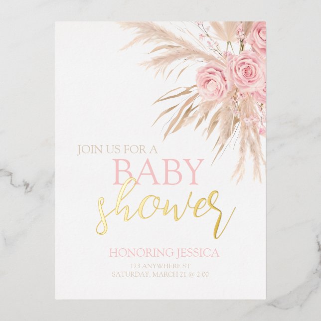 Invitación de Baby Shower para la flor rosa pastel (Anverso)