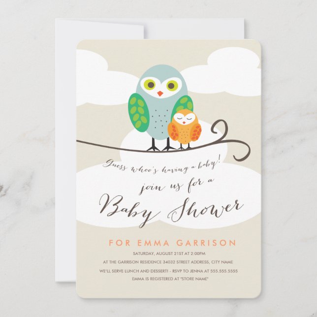 Invitación de Baby Shower para lechuzas vistas (Anverso)
