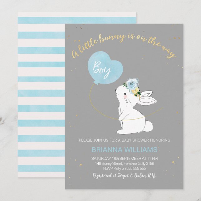 Invitación de Baby Shower para los chicos Gray Blu (Anverso / Reverso)