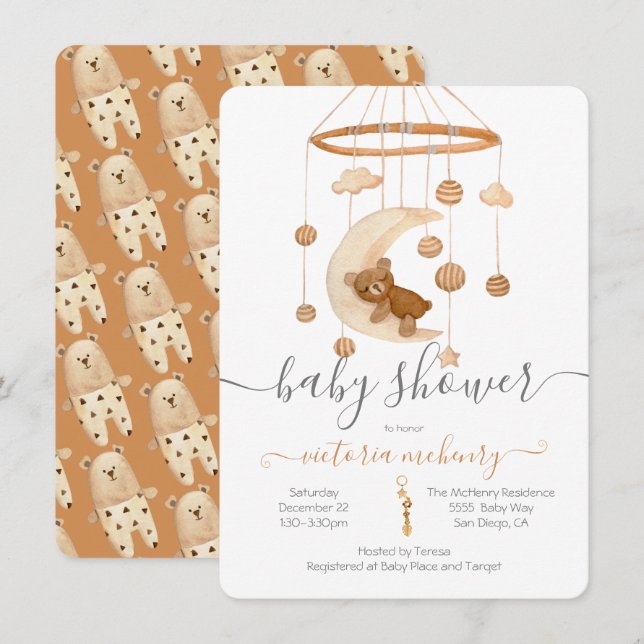 Invitación de Baby Shower para móvil de Boho Bear  (Anverso / Reverso)