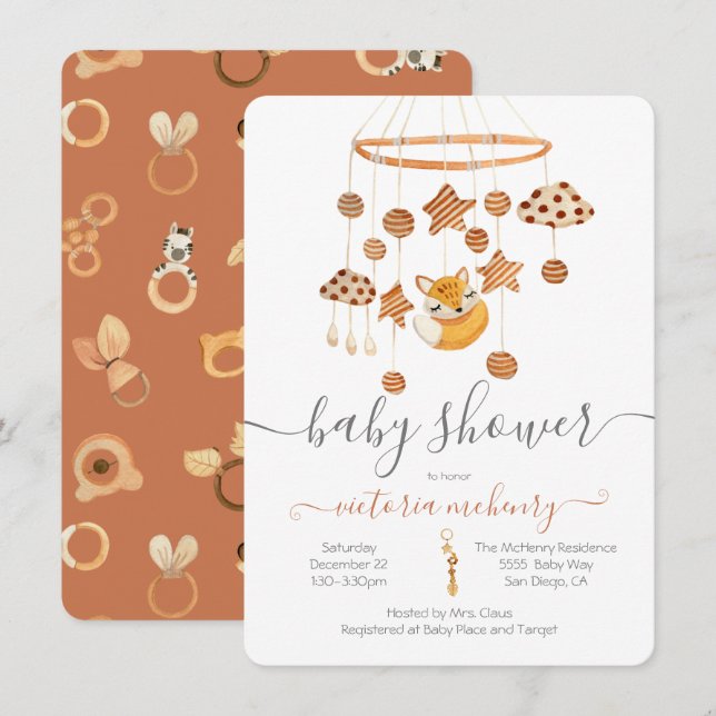 Invitación de Baby Shower para móviles de Boho Fox (Anverso / Reverso)