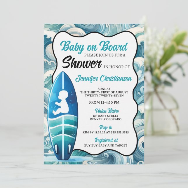 Invitación de Baby Shower para niño bebé a bordo (Anverso de pie)