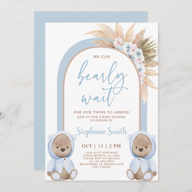 Invitación de Baby Shower para niños con gemelos (Anverso / Reverso)