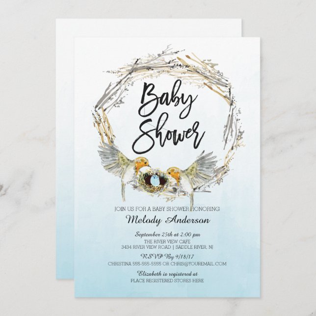 Invitación de Baby Shower para niños con nido acua (Anverso / Reverso)