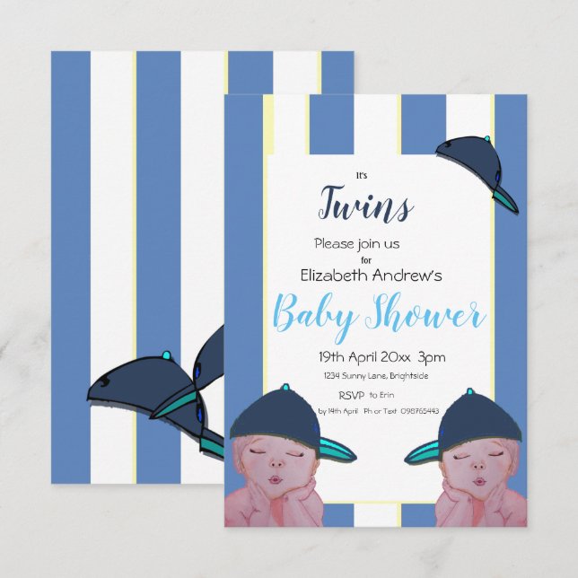 Invitación de Baby Shower para niños gemelos en az (Anverso / Reverso)