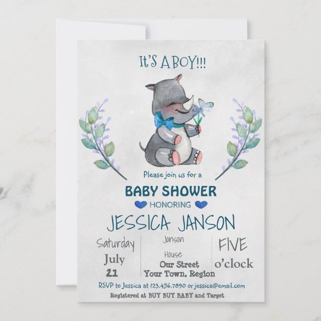 INVITACIÓN DE BABY SHOWER PARA NIÑOS RHINOS (Anverso)
