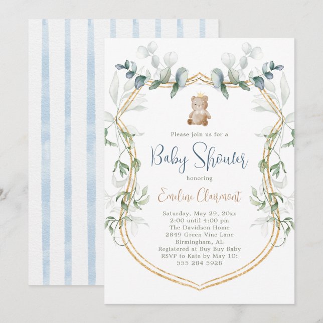 Invitación de Baby Shower para oso de niño - Azul (Anverso / Reverso)