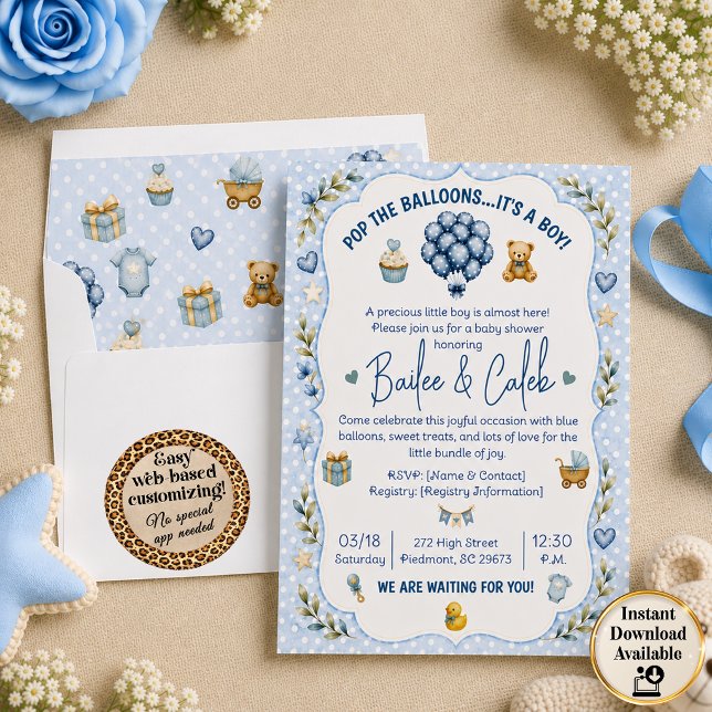 Invitación de Baby Shower para Reventar los Globos (Pop the Balloons Baby Shower Invitation with theme lined envelope (liner sold separately))