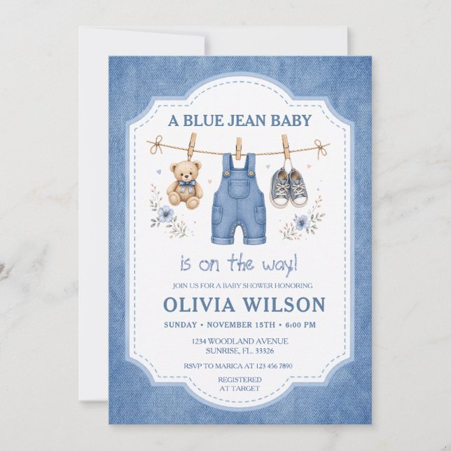 Invitación de baby shower para ropa de bebé de mez (Anverso)