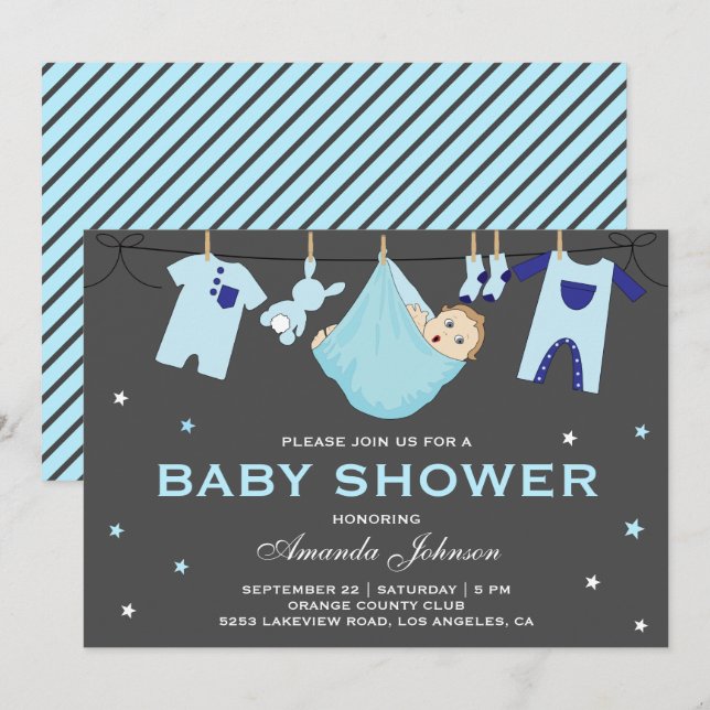 Invitación de Baby Shower para Ropa de Niño Bebé A (Anverso / Reverso)
