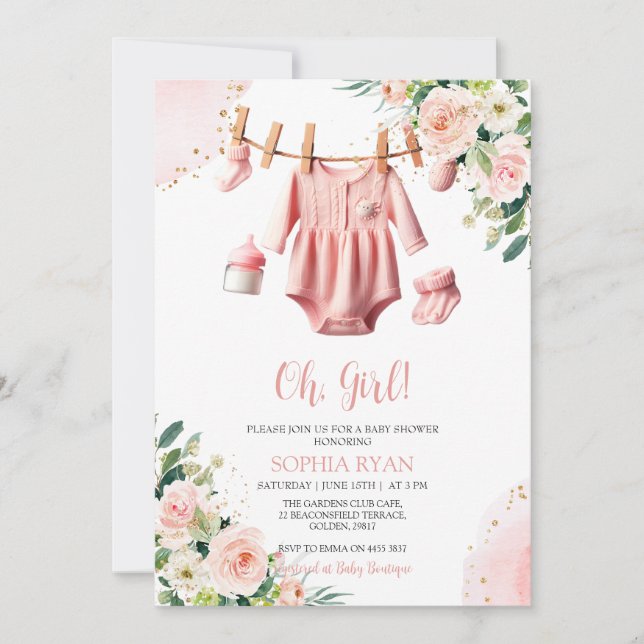 Invitación de Baby Shower para ropa rosa (Anverso)