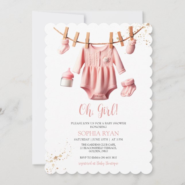 Invitación de Baby Shower para ropa rosa (Anverso)