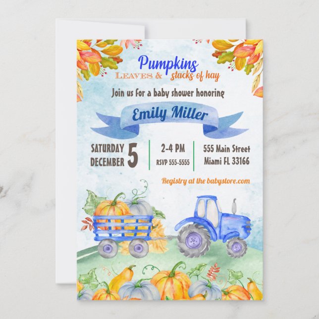 Invitación de Baby Shower para tractores de calaba (Anverso)