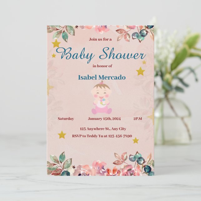 Invitación de Baby Shower para una niña bebé (Anverso de pie)