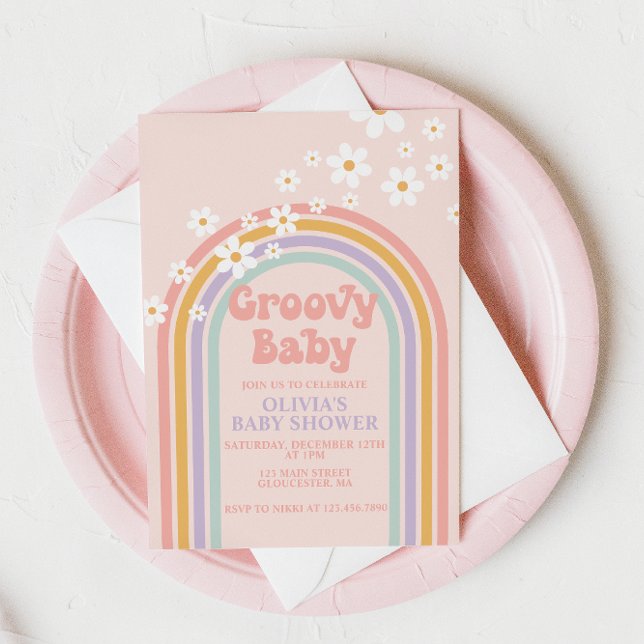 Invitación de Baby Shower Pastel Arcoíris Groovy B (Subido por el creador)