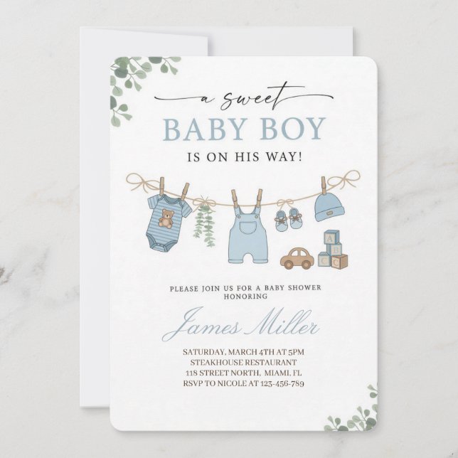 Invitación de Baby Shower Pastel Blue Clothesline  (Anverso)