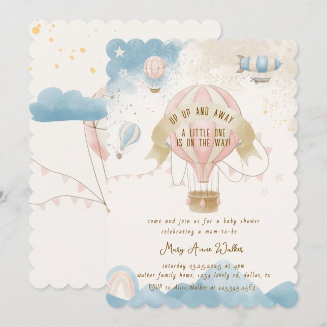 Invitación de Baby Shower Pastel de Globo Aerostát (Anverso / Reverso)