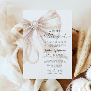 Invitación de Baby Shower Pearl and Bow Sweet Litt