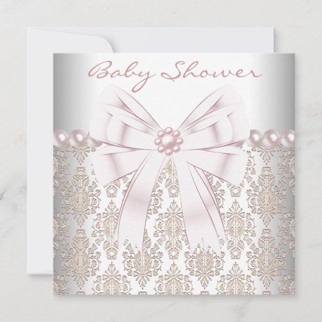 Invitación de Baby Shower Perla Rosa Damask (Anverso)