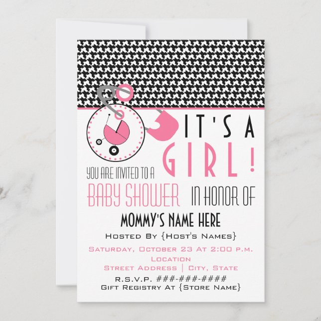 Invitación de Baby Shower - Pin de pañal rosa y ca (Anverso)