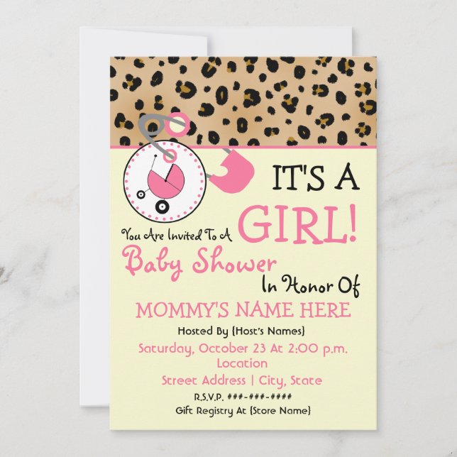 Invitación de Baby Shower: Pin y leopardo de pañal (Anverso)