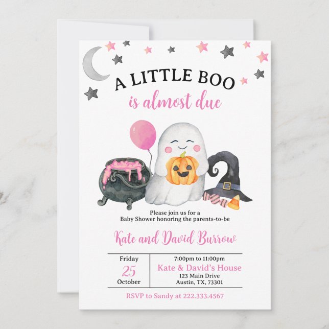 Invitación de Baby Shower Pink A Little Boo (Anverso)