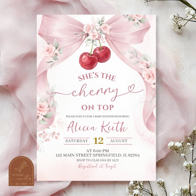 Invitación de Baby Shower Pink Bow Coquette Cherry (Subido por el creador)