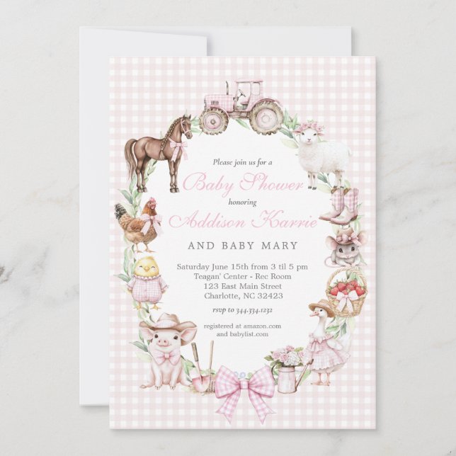 invitación de baby shower Pink Farm (Anverso)
