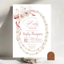 Invitación de Baby Shower Pink Floral Bow Pearls