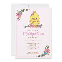 Invitación de Baby Shower Pollito Bebé Kawaii Rosa