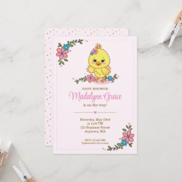 Invitación de Baby Shower Pollito Bebé Kawaii Rosa
