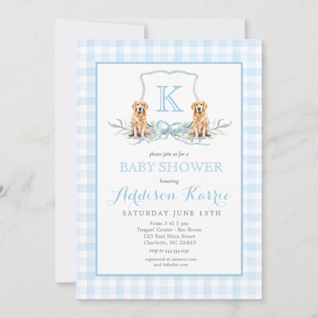 Invitación de baby shower Preppy Dog Gingham Crest (Anverso)