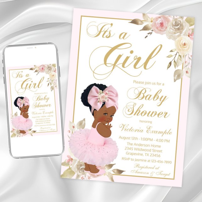 Invitación de Baby Shower Princesa Africana Tutu (Cute pink and gold tutu baby shower invitation. Instant download and printed invitations available.)