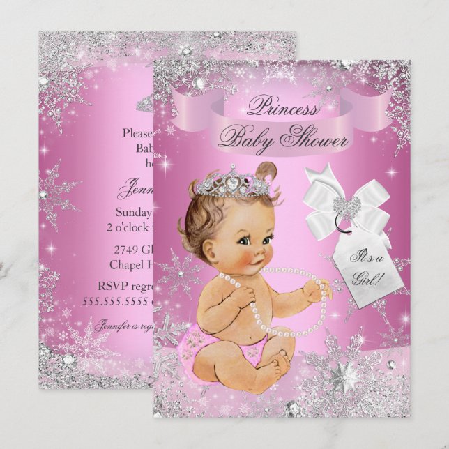 Invitación de Baby Shower Princesa Rosa Snowflake (Anverso / Reverso)