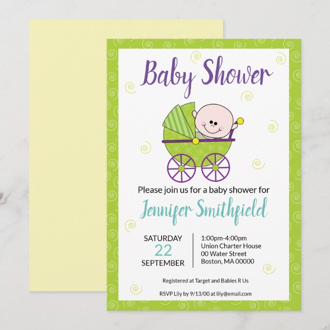 Invitación de Baby Shower que incluye transporte p (Anverso / Reverso)