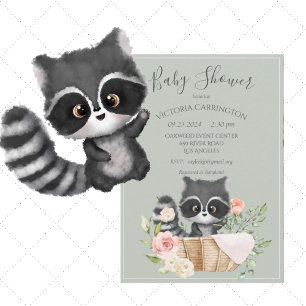 Invitación de Baby Shower Racoon Watercolor Sage