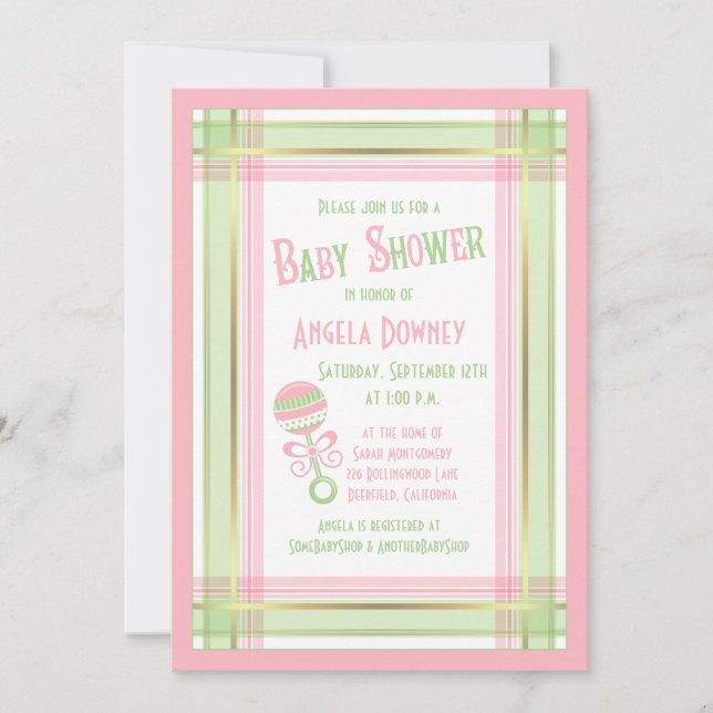 Invitación de Baby Shower Rattle color verde rosa (Anverso)