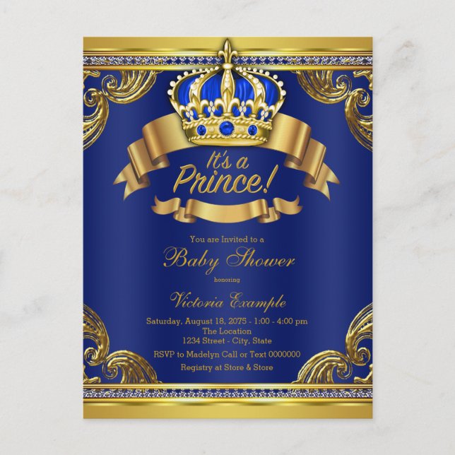 Invitación de Baby Shower Real Azul Oro Príncipe (Anverso)