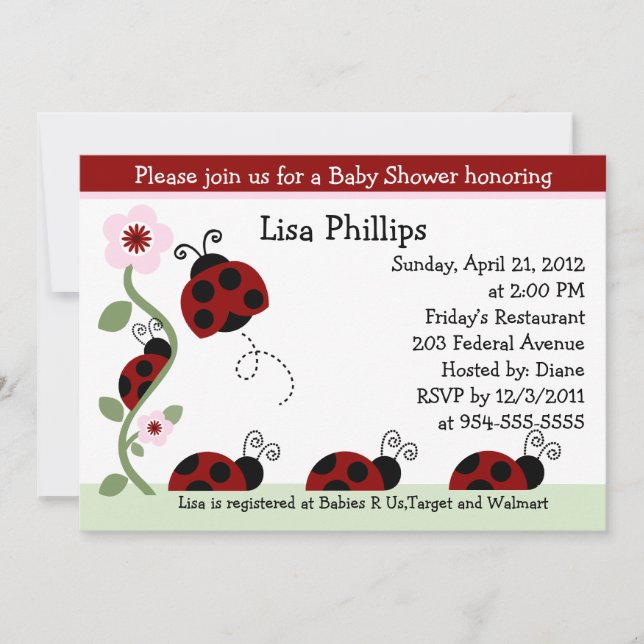 Invitación de Baby Shower Red Ladybug y Flower (Anverso)