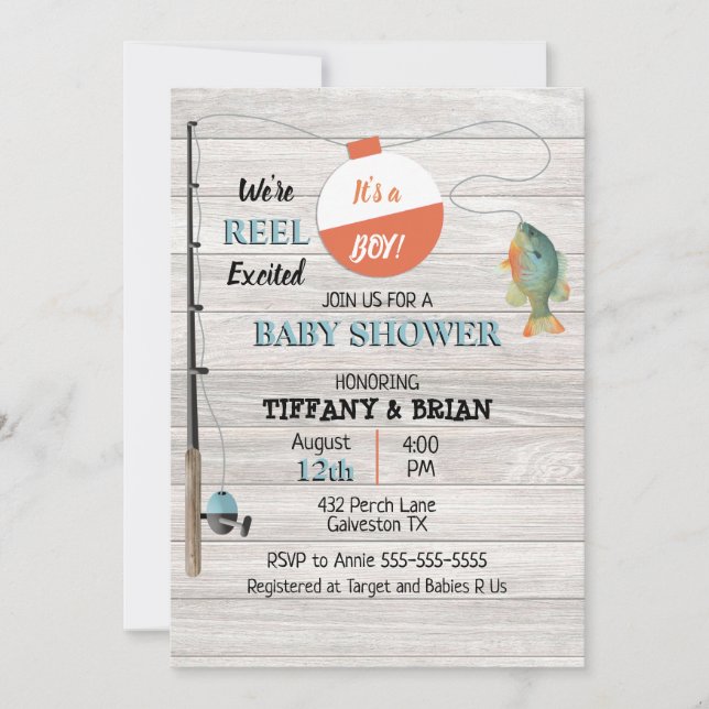 Invitación de Baby Shower Reel Agitado Chico Pesca (Anverso)