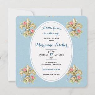 Invitación de Baby Shower Retro Azul Fleur de Lys